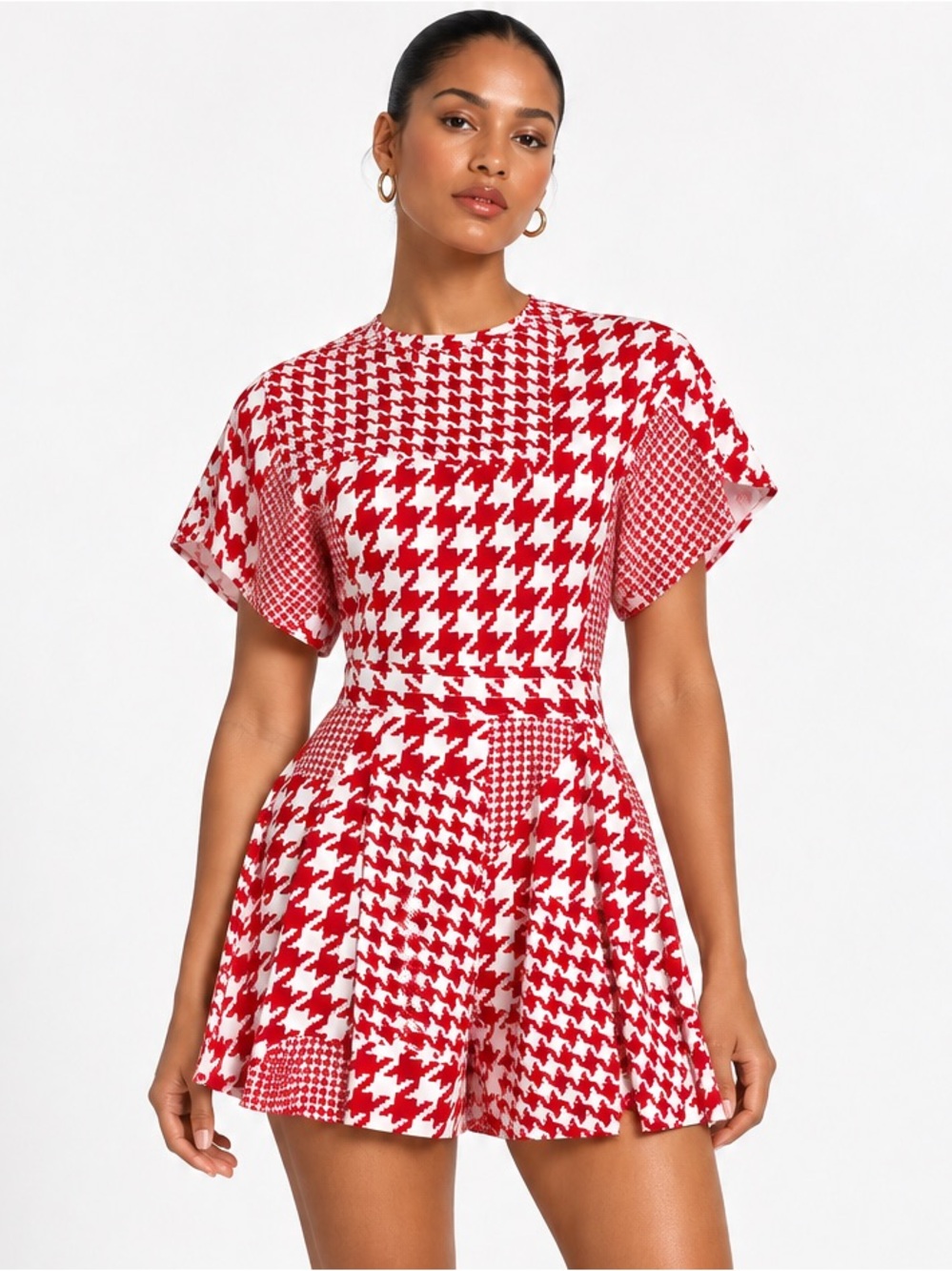 C/MEO Collective Red and White Houndstooth Fit & Flare Romper Size Small